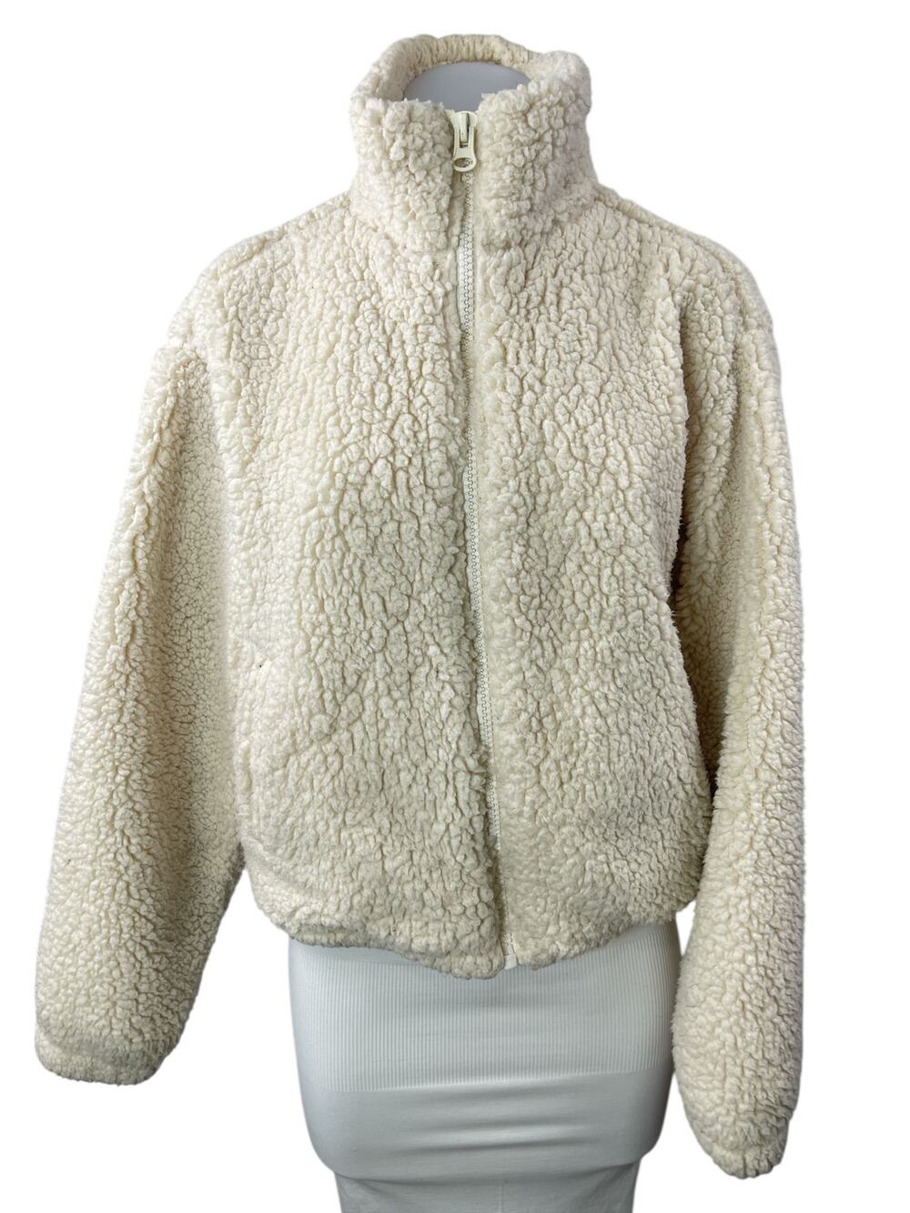 H&M Divided Womens Cream Sherpa Fleece High Neck Long Sleeve Coat Jacket Size S